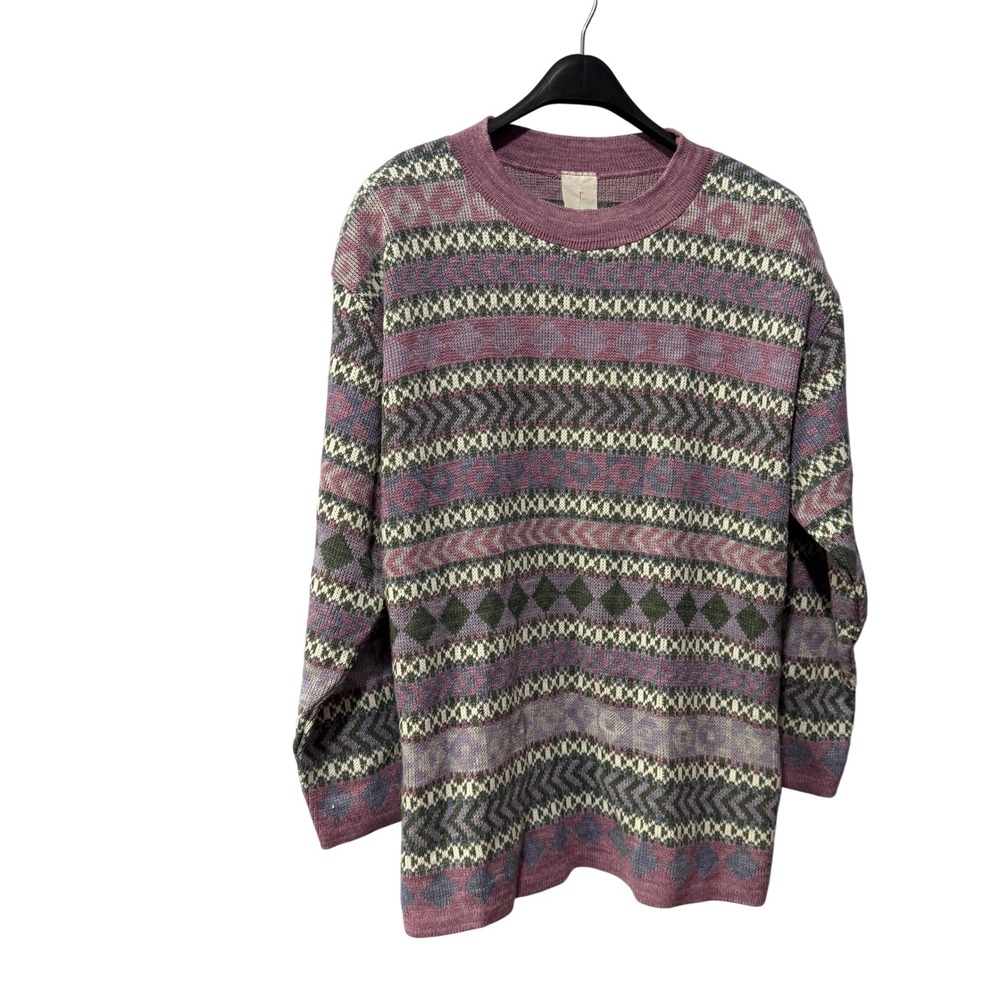 Vintage Avon Fashions Purple Geometric Fair Isle Knit Crew Neck Sweater XL Mens